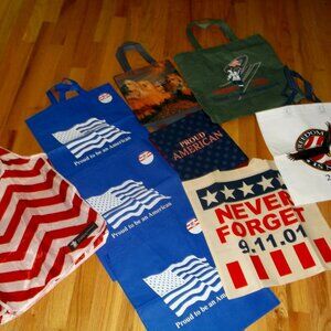 Lot of 9 assorted reusable shopping tote bags - AMERICA American Flag VETERANS